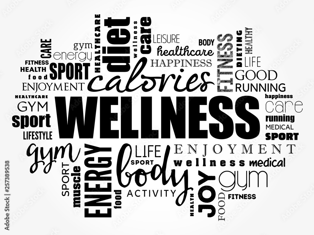 Wellness word cloud collage, health concept background Stock Vector