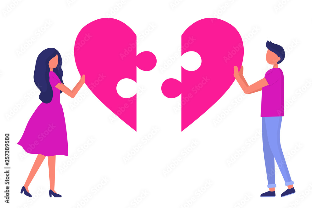 Love couple with heart puzzle. The relationship between a man and a woman.  Valentine's day. Trendy vector illustration. Stock Vector | Adobe Stock