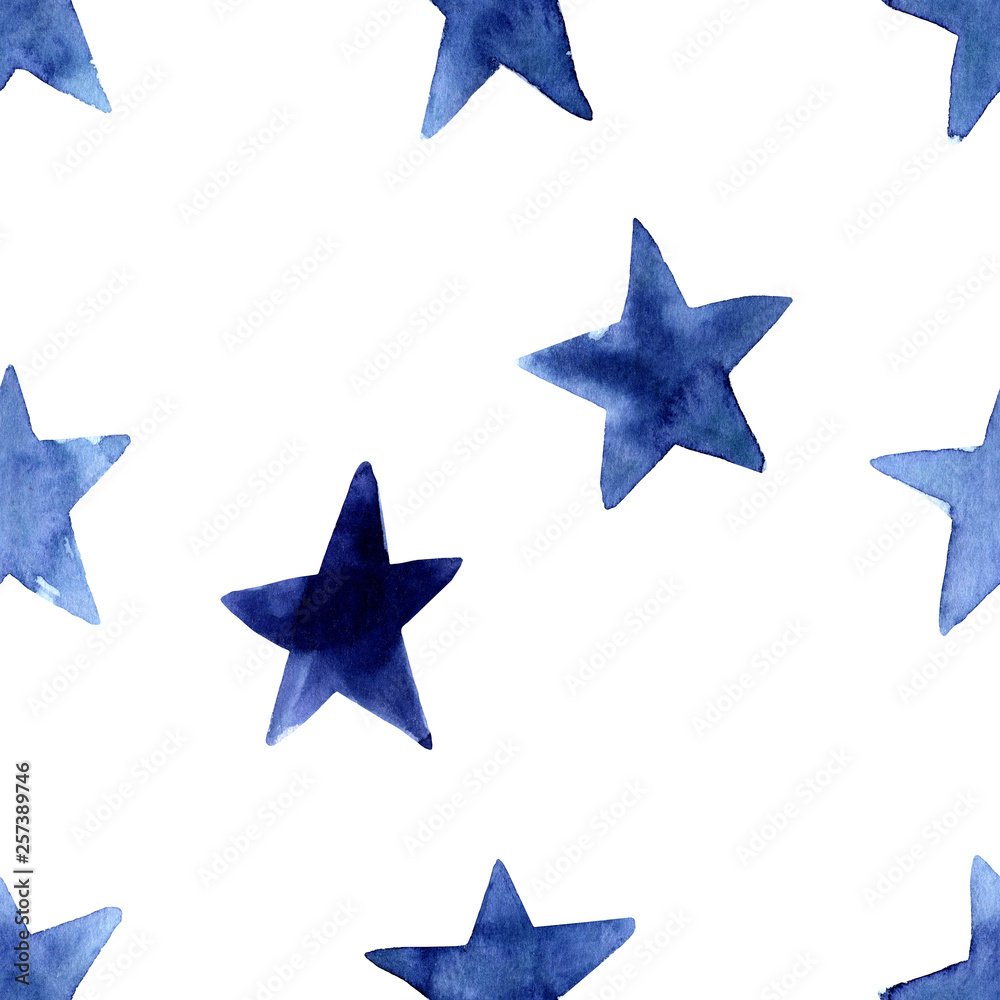 Seamless pattern with indigo blue watercolor simple stars. Hand painted navy blue modern star. Gift wrap, print, cloth, cute background for a card. Isolated on white background. Cute artistic clip art Seamless pattern with indigo blue watercolor simple stars. Hand painted navy blue modern star. Gift wrap, print, cloth, cute background for a card. Isolated on white background. Cute artistic clip art