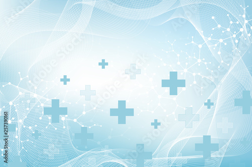 Abstract medical background DNA research, molecule, genetics, genome, DNA chain. Genetic analysis art concept with hexagons, lines, dots. Biotechnology network concept molecule, vector illustration