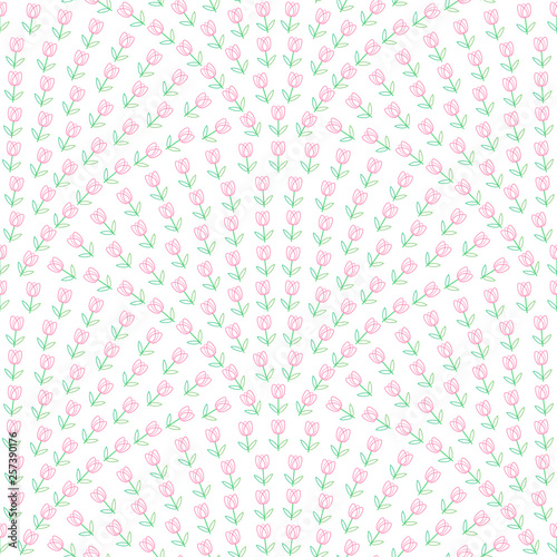Seamless floral fan shaped pattern from stylized flowers on white background. Peacock tale shape from pink tulips. Spring wallpaper print, batik, wrapping paper, web page fill