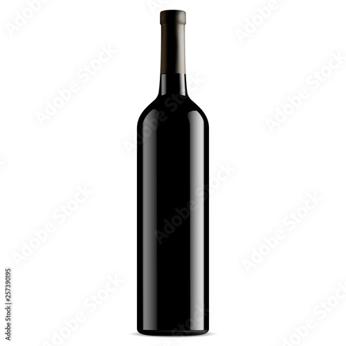 Wine Bottle Black Glass. Vector Mockup. Unlabeled Design Vertical Shape. French Brand Merlo Alcohol. Winery Beverage Realistic 3d Jar. Drunk Liquid. Riesling, Bordeaux, Vintage Burgundy.