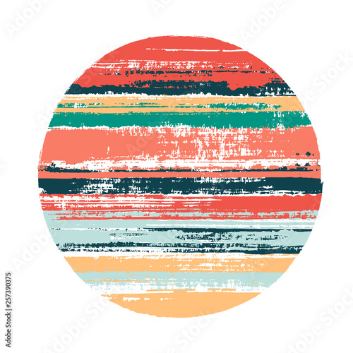 Abrupt circle vector geometric shape with stripes texture of ink horizontal lines. Disk banner with old paint texture. Badge round shape logotype circle with grunge stripes background.