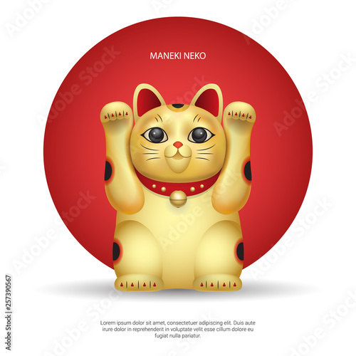 Realistic vector Maneki-neko, lucky japan cat on background with red circle.