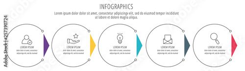 Modern line vector illustration. Infographic circles template with six elements, sectors, icons. Designed for business, presentations, web design, interface, workflow layout, diagrams with 6 steps