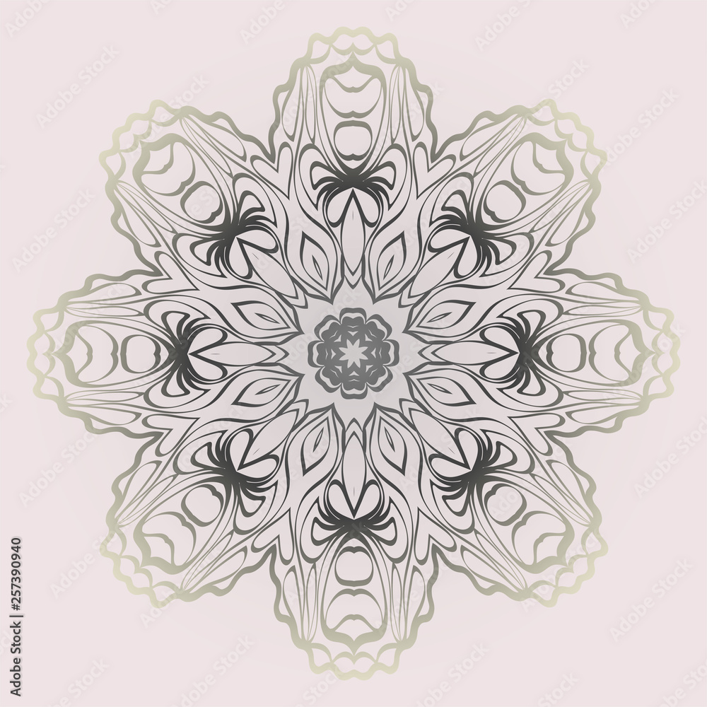 Design Mandala Ornament. Vector Illustration. Round Geometric Floral Pattern. Oriental Pattern. Indian, Moroccan, Mystic, Ottoman Motifs. Anti-Stress Therapy Pattern. Pastel color