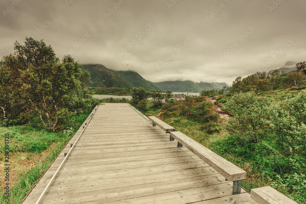 Walkway and fjord landscape, Lofoten Norway Walkway and fjord landscape, Lofoten Norway