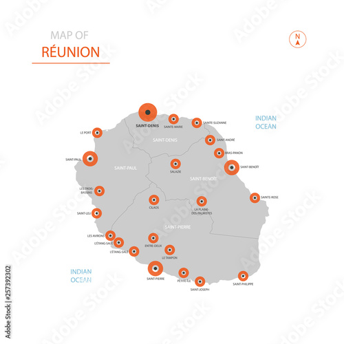 Stylized vector Reunion map showing big cities, capital Saint-Denis, administrative divisions