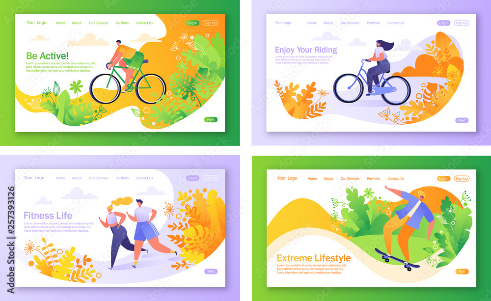 Set of concept of landing pages on healthy lifestyle them. Concept for mobile website, web page. Bicycle riding man and woman. Man riding on skateboard. Character run, training workout.