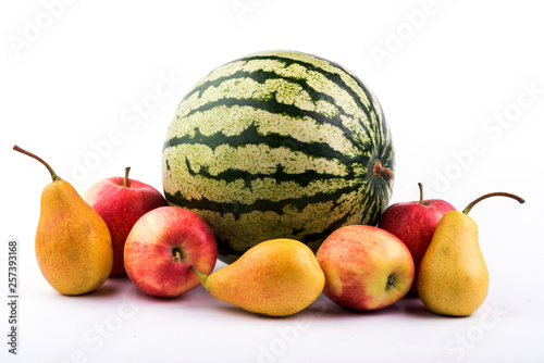  apple large plvnom. pear closeup. watermelon close up. a lot of fruits. fruit season