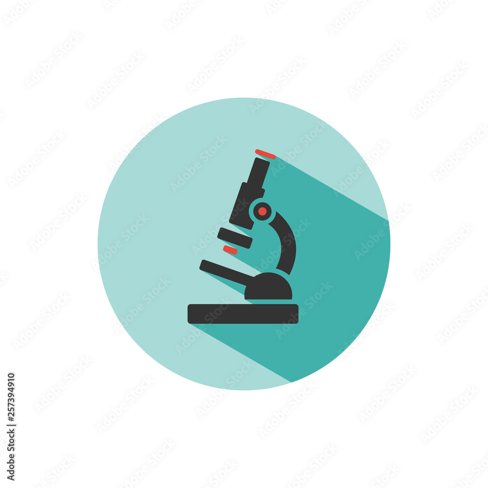 Microscope icon with shadow on a green circle. Science and research Microscope icon with shadow on a green circle. Science and research