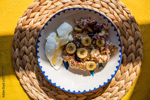 baked oatmeal with banana  blueberries  walnut and raisins.