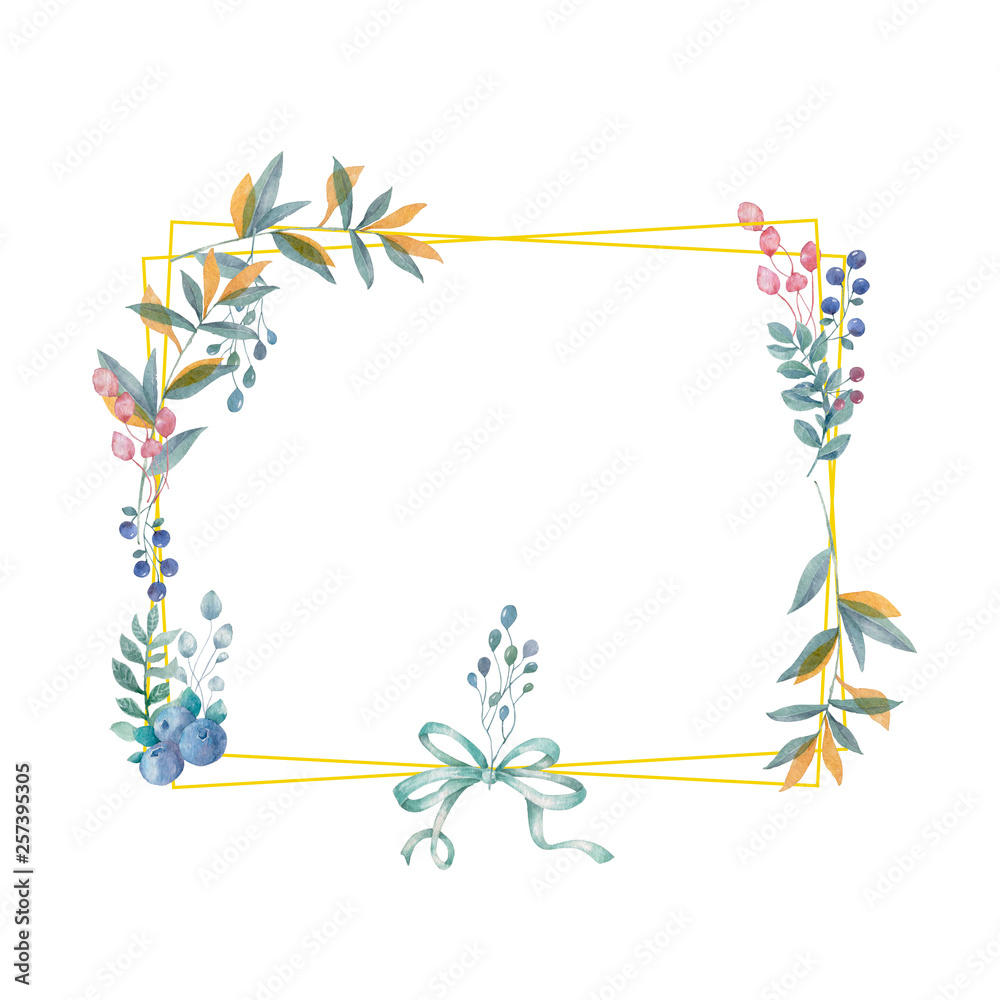 Obraz premium Watercolor flowers and leaves wreath. Gold frame illustration. square and bow clip art branch for birthday, celebration, wedding, invite card white background Beauty bouquet. green and yellow leaves