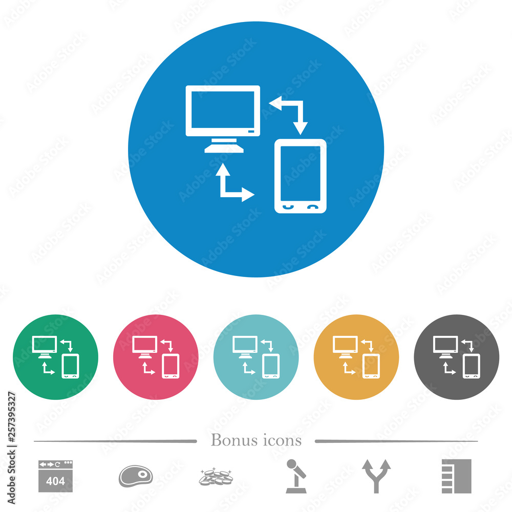 Syncronize mobile with computer flat round icons Syncronize mobile with computer flat round icons