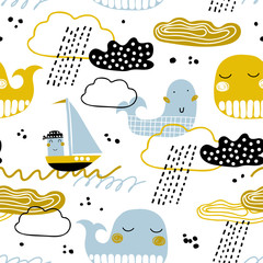 Papier peint photo Vagues de la mer patrons Baleines et bateaux scandinaves estivaux  © bukhavets