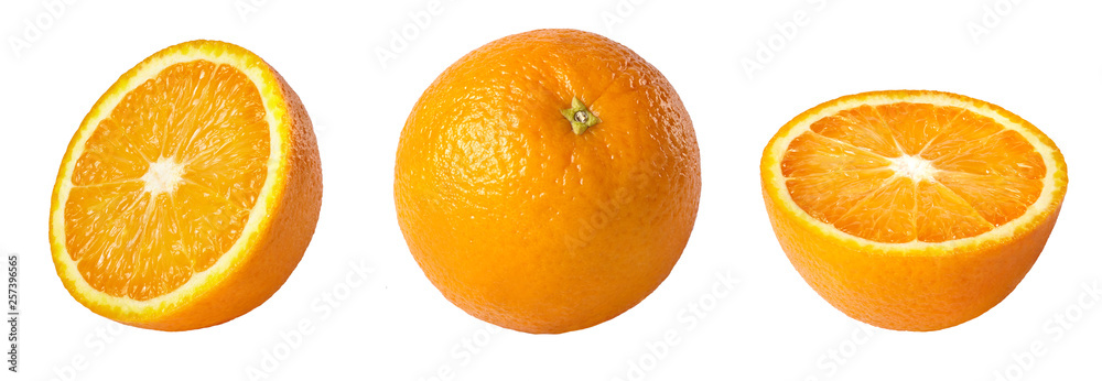 Whole and sliced orange isolated on white background. Collection. - obrazy, fototapety, plakaty 