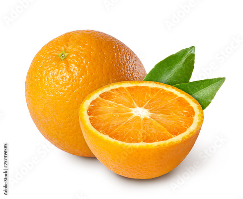 Whole and sliced orange with leaves isolated on white background.