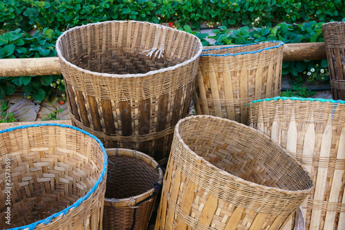 Bamboo basket of hill tribe,Woven bamboo basket bag with rope, tribal handmade © rawintanpin
