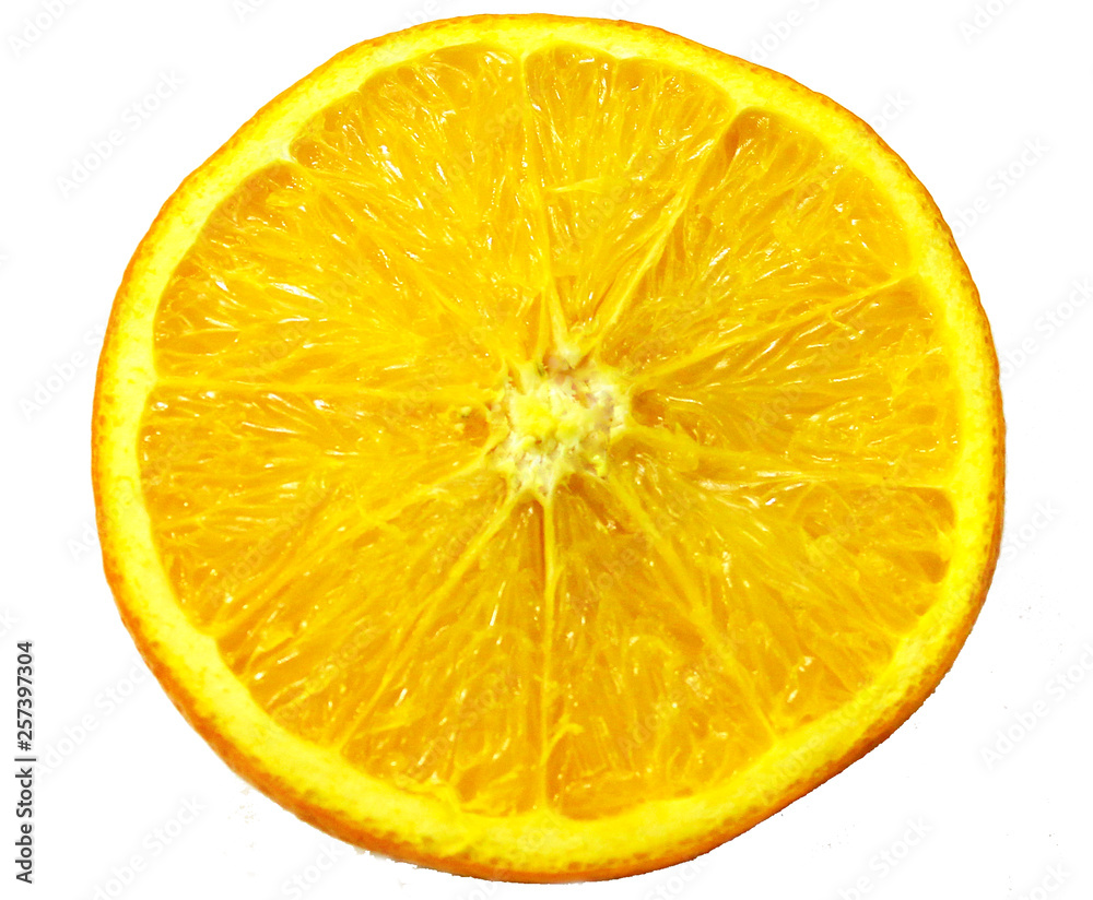  Close-up slice of orange fruit top view shot on white background