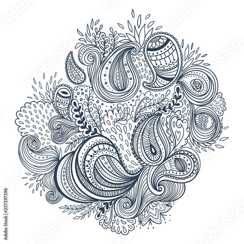 Colorful background with ornate paisley pattern. Vector illustration of beautiful ornate floral decor.