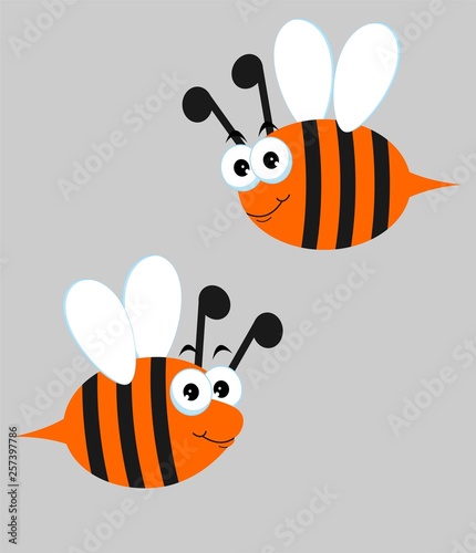 Bees Set. Raster illustration with cute cartoon bees  on grey background.