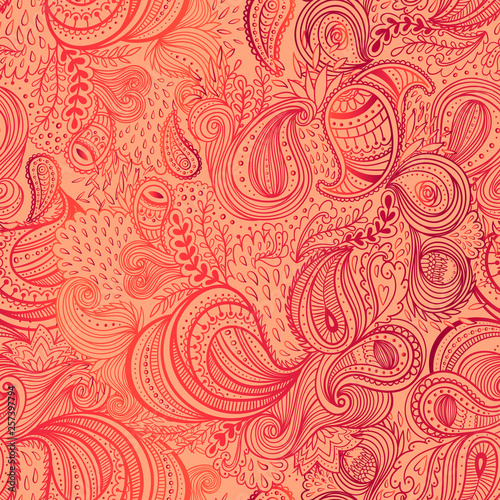 Colorful background with ornate repeating paisley pattern. Beautiful ornate floral seamless pattern vector template.