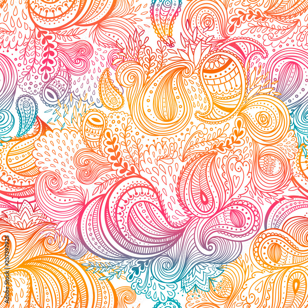 Colorful background with ornate repeating paisley pattern. Beautiful ornate floral seamless pattern vector template.