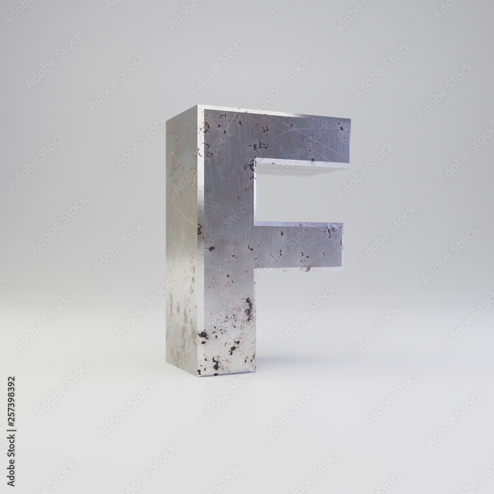 Metal letter F uppercase. 3D render scratched rusty metal font isolated on white background. Metal letter F uppercase. 3D render scratched rusty metal font isolated on white background.