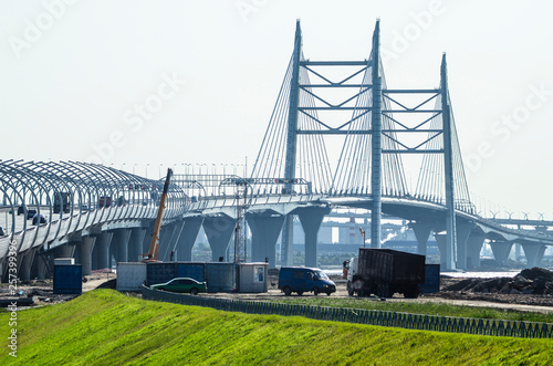 High-speed highway bypassing the city. City without traffic jams. Western high-speed diameter of St. Petersburg with a large cable-stayed bridge.