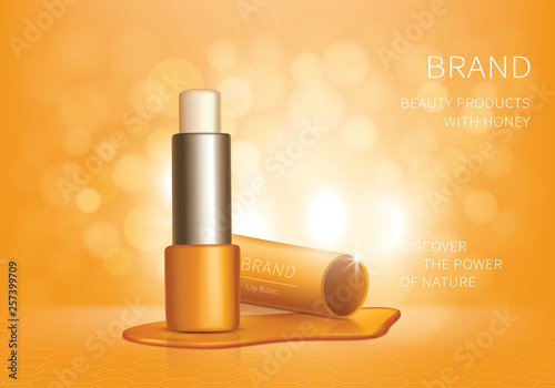 Cosmetic realistic vector lip balm ad background. Yellow hygienic lipstick with honey drips, organic cosmetics, natural spa formula with propolis for skincare. Mock up for magazine or catalog