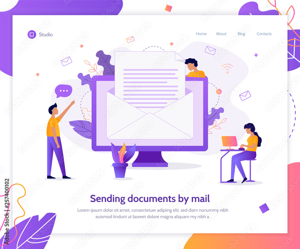 Sending documents by mail. Creative landing page design template. Business concept. Flat vector illustration.