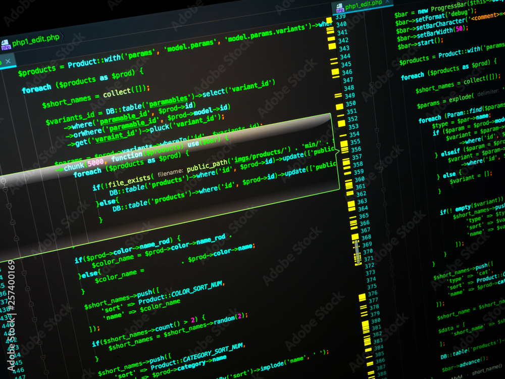 Back-end coding workflow of the web developing using php language. PHP on black background