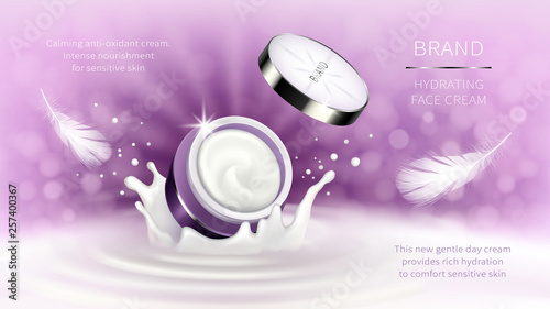 Cosmetic realistic vector background with cream jar. Skin care cosmetics, moisturizing product in open jar fall into milk splash, crown on purple background with white feathers. Mock-up promo banner