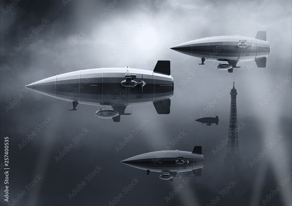Fototapeta premium Vintage airship Zeppelin. in the sky. 3d illustration