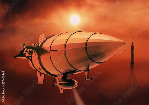 Vintage airship Zeppelin. in the sky. 3d illustration