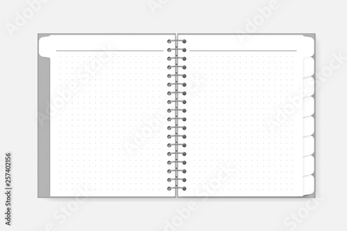Open spiral dot grid notebook with tab dividers, vector mock-up. Wire bound white paper notepad with bookmark pages, template
