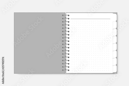 Open blank dot grid spiral binder notebook with tab dividers, realistic mockup. Wire bound diary with bookmark pages, vector template