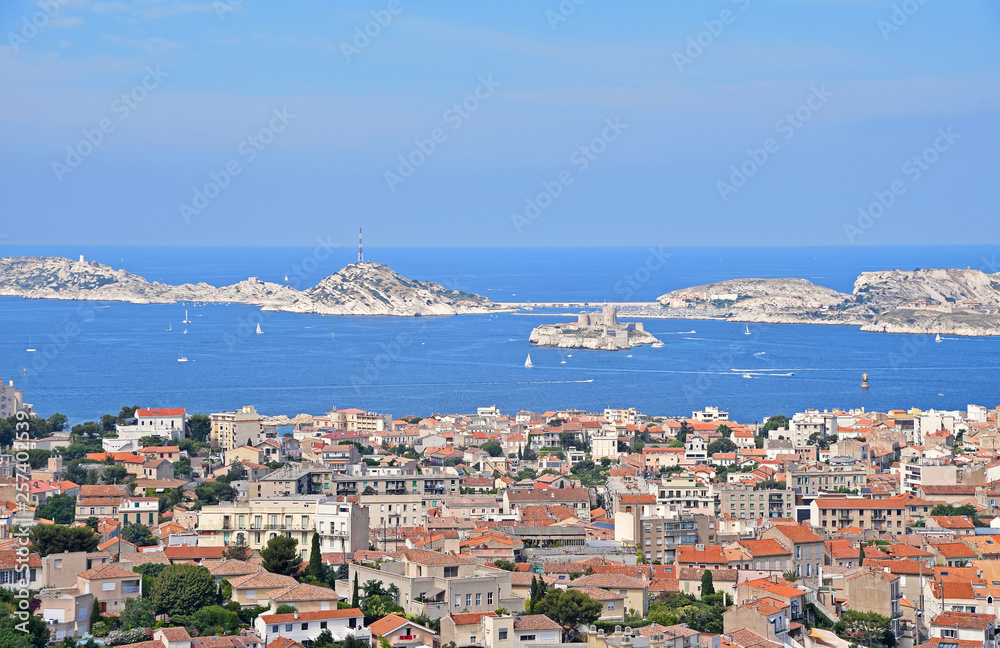 View of Marseille marina and the Chateau d If