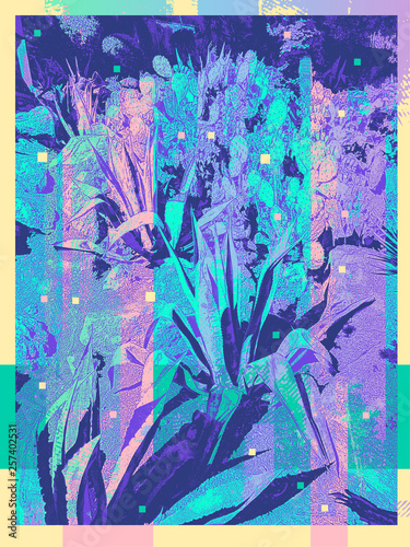 Design decorative poster with cacti and glitch effect. Vector Illustration