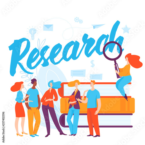 Vector concept research business illustration with cartoon thinking people. 