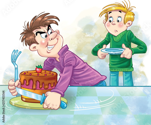 Fotografie, Obraz greedy cartoon boy not wanting to share his cake