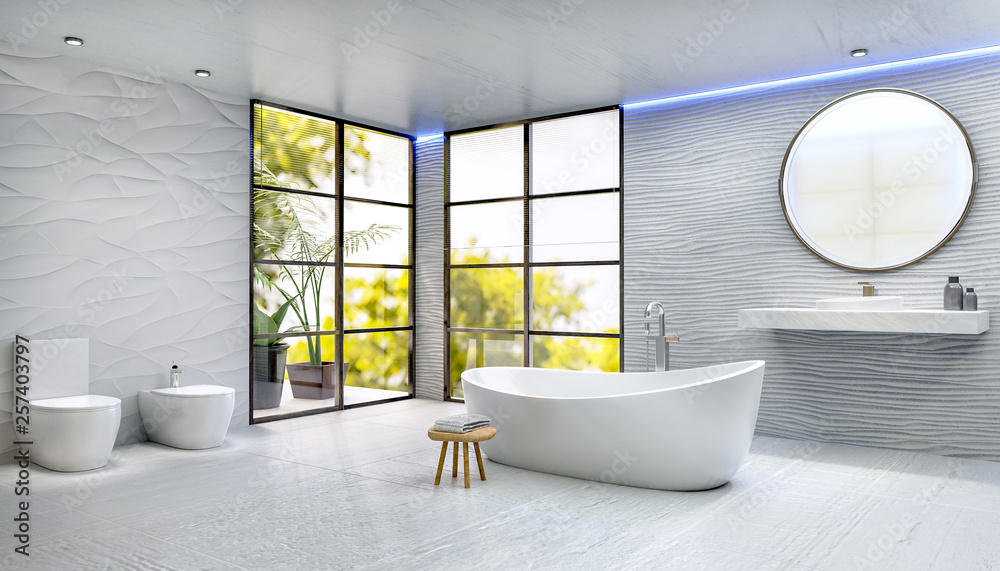 Fototapeta premium Modern high key 3D render bathroom with rounded bath tub.