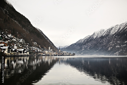 View from height on Hallstatt town between the mountains. Austria winter