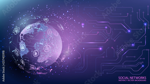 Internet and technology. Global social network. Computer chip. Virtual reality and modern science. Violet futuristic background with planet Earth. Abstract image. Future. Vector. Place for text.