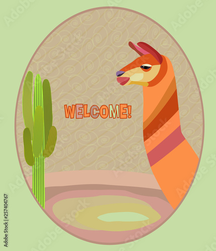 Tourist poster with a llama and a cactus. Welcome. Camel, desert background. Advertising, invitation to the country, to the hotel, to the farm. Vector concept illustration