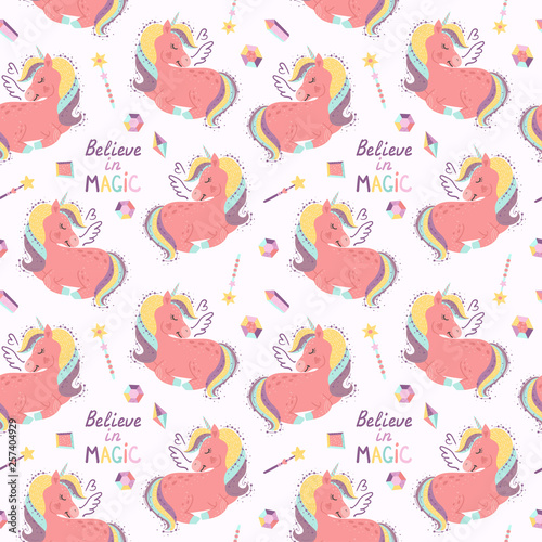 Seamless pattern with fairy unicorns