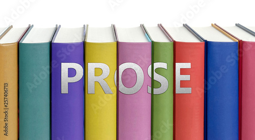 Prose and books in a library - ideas of studying, learning and reading pictured as colorful books on white background with english word as a title, 3d illustration