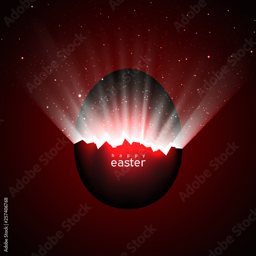 Broken red easter egg and universe. Rays of light and space with stars from cracks in an easter egg on a dark background. Vector, space for text, creative greeting card design