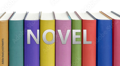 Novel and books in a library - ideas of studying, learning and reading pictured as colorful books on white background with english word as a title, 3d illustration