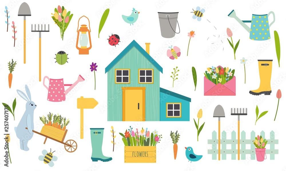 Obraz premium Big vector set of spring and easter holiday elements.